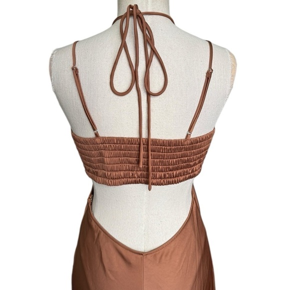 A.L.C. Sienna Cut Out Shirred Satin Midi Dress in Rawhide Brown Size:6 - Picture 12 of 14